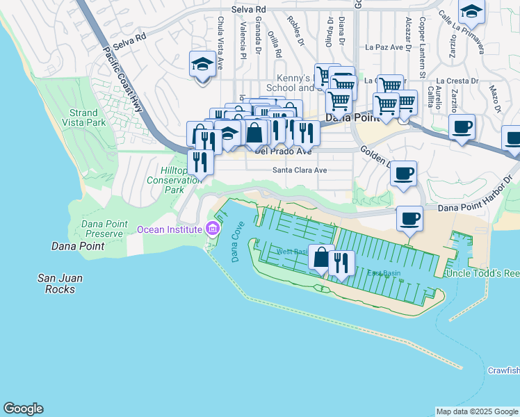 map of restaurants, bars, coffee shops, grocery stores, and more near 34451 Ensenada Place in Dana Point