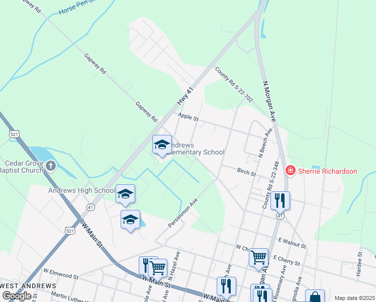 map of restaurants, bars, coffee shops, grocery stores, and more near 400 West Gapway Road in Andrews
