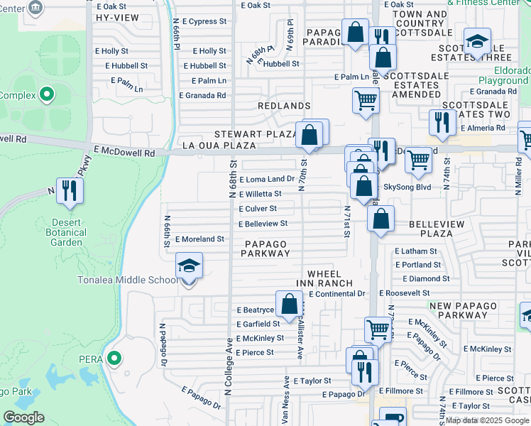 map of restaurants, bars, coffee shops, grocery stores, and more near 6844 East Belleview Street in Scottsdale