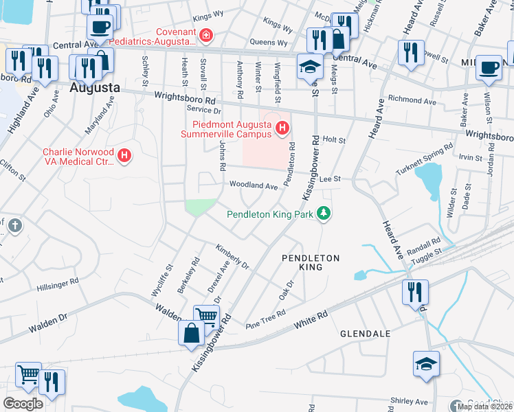 map of restaurants, bars, coffee shops, grocery stores, and more near 1614 Winter Street in Augusta