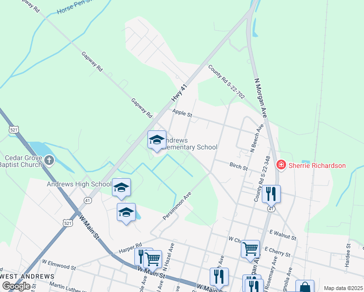 map of restaurants, bars, coffee shops, grocery stores, and more near 400 West Gapway Road in Andrews