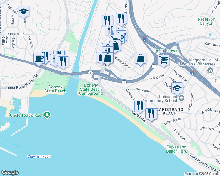 map of restaurants, bars, coffee shops, grocery stores, and more near 25872 Vista Drive West in Dana Point