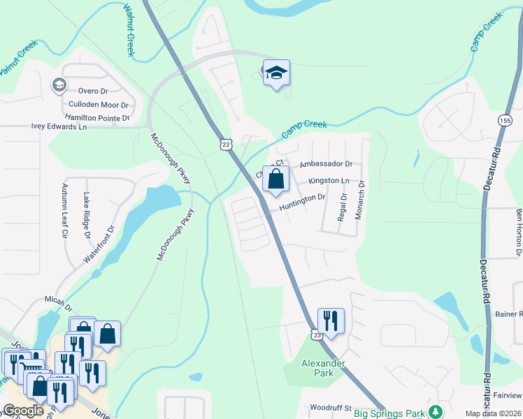map of restaurants, bars, coffee shops, grocery stores, and more near 20 Huntington Drive in McDonough