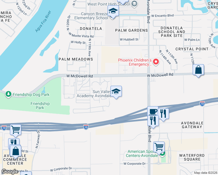 map of restaurants, bars, coffee shops, grocery stores, and more near 37 North 117th Avenue in Avondale