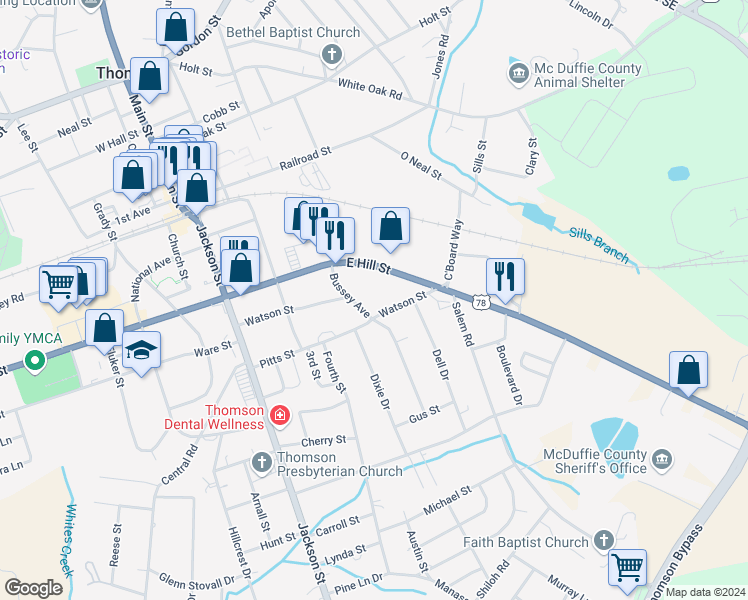 map of restaurants, bars, coffee shops, grocery stores, and more near 408 Watson Street in Thomson