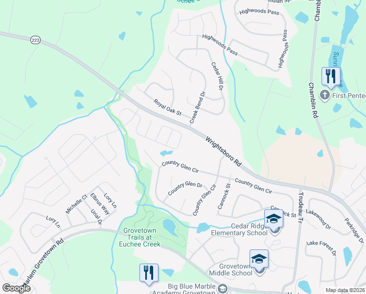 map of restaurants, bars, coffee shops, grocery stores, and more near 1154 Fawn Forest Road in Grovetown