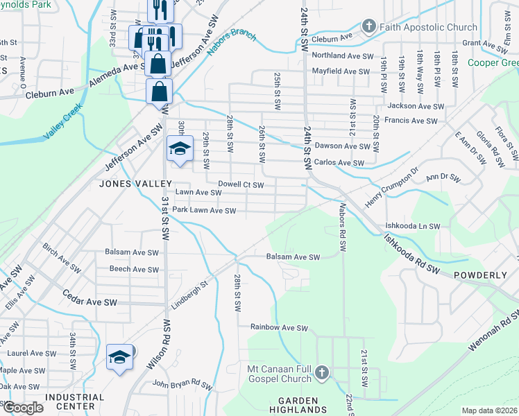 map of restaurants, bars, coffee shops, grocery stores, and more near 2520 Park Lawn Avenue Southwest in Birmingham