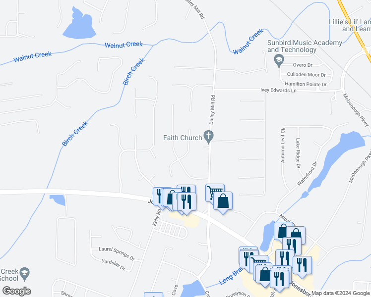 map of restaurants, bars, coffee shops, grocery stores, and more near 303 Regal Way East in McDonough
