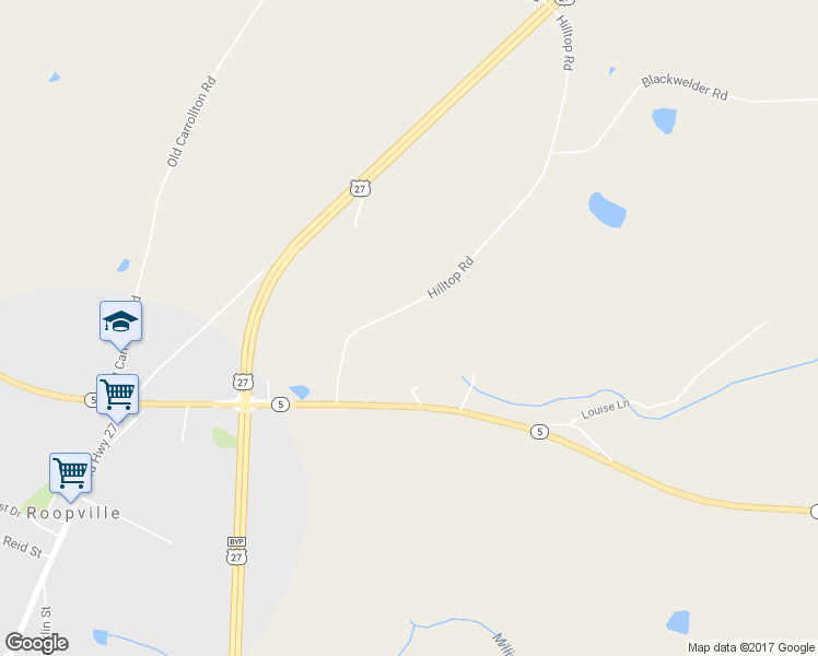 map of restaurants, bars, coffee shops, grocery stores, and more near 225 Hilltop Road in Roopville