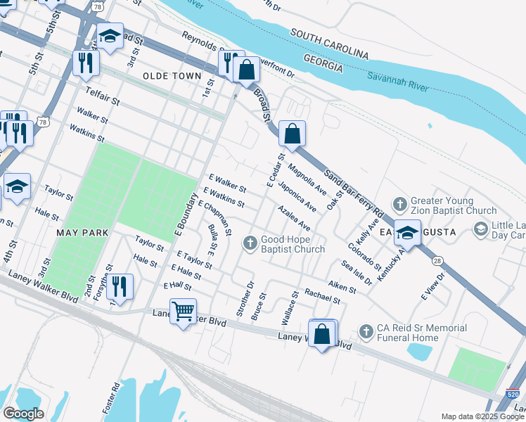 map of restaurants, bars, coffee shops, grocery stores, and more near 613 Macon Avenue in Augusta