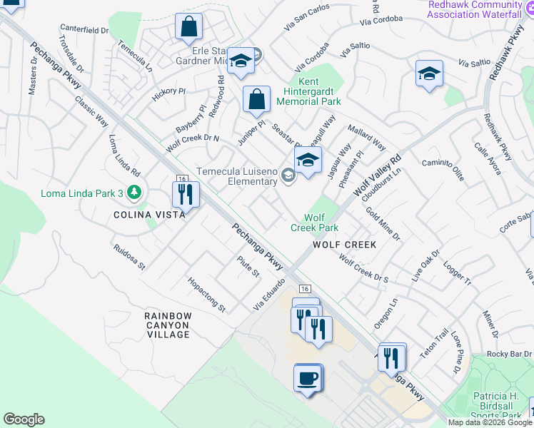 map of restaurants, bars, coffee shops, grocery stores, and more near 31574 Six Rivers Court in Temecula
