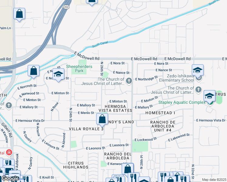 map of restaurants, bars, coffee shops, grocery stores, and more near 2628 East Minton Street in Mesa