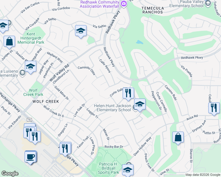 map of restaurants, bars, coffee shops, grocery stores, and more near 32169 Corte Sabrinas in Temecula