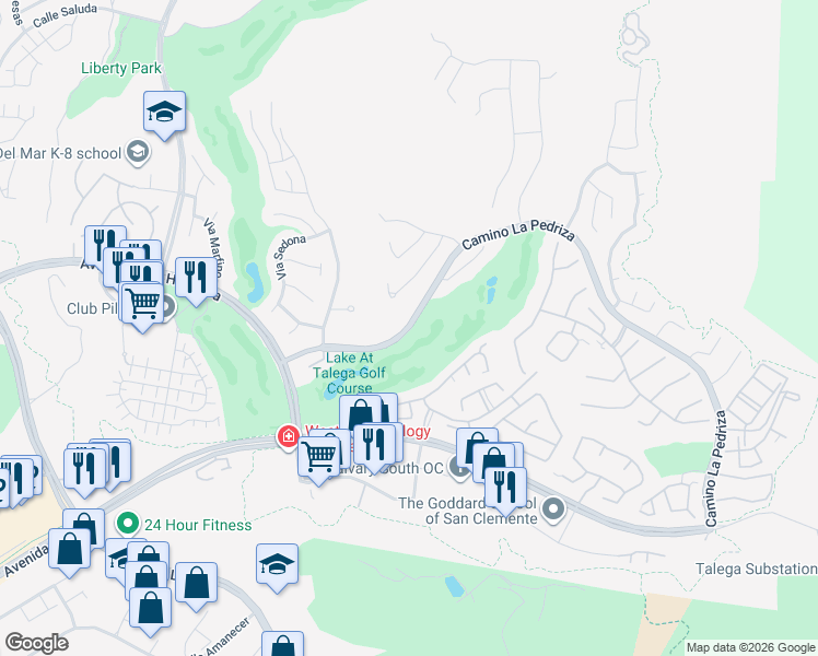 map of restaurants, bars, coffee shops, grocery stores, and more near Camino La Pedriza in San Clemente