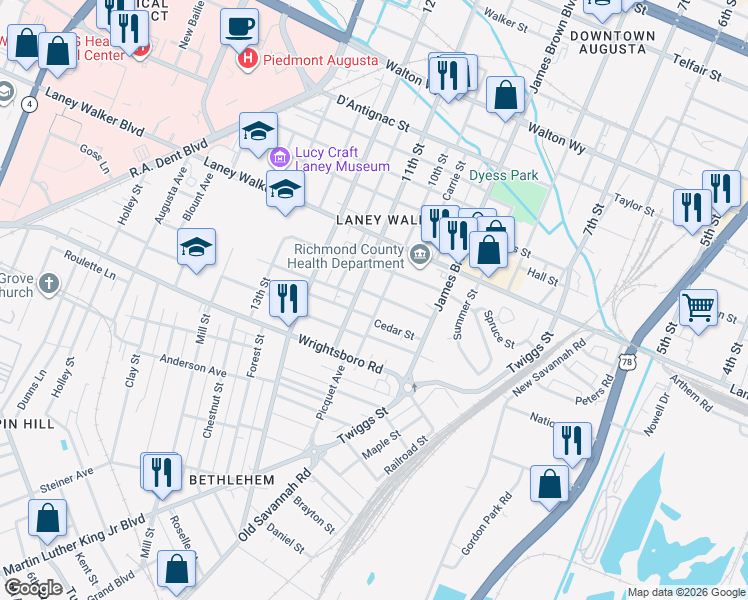 map of restaurants, bars, coffee shops, grocery stores, and more near 1016 Cedar Street in Augusta