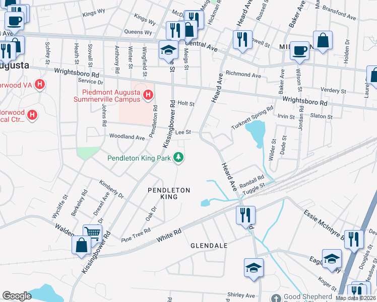map of restaurants, bars, coffee shops, grocery stores, and more near 1512 Myrtle Lane in Augusta