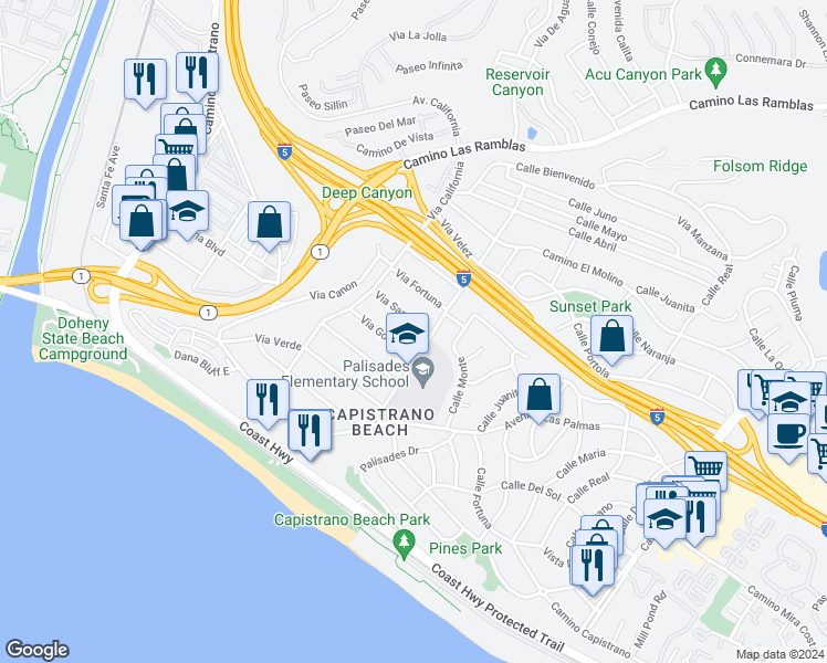 map of restaurants, bars, coffee shops, grocery stores, and more near 34411 Via San Juan in Dana Point