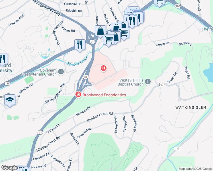 map of restaurants, bars, coffee shops, grocery stores, and more near 2031 Brookwood Medical Center Drive in Homewood