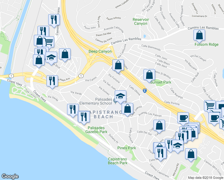 map of restaurants, bars, coffee shops, grocery stores, and more near 34405 Via San Juan in Dana Point