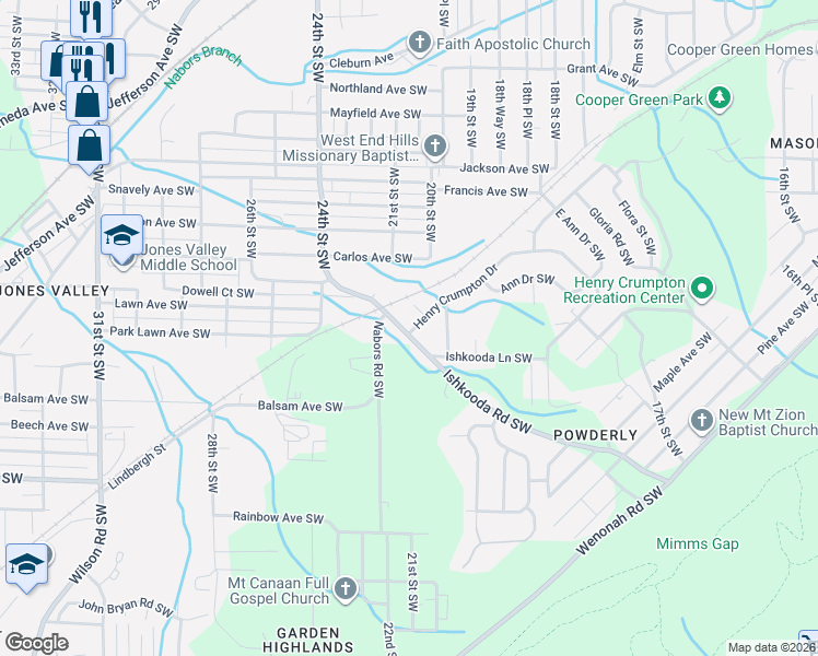 map of restaurants, bars, coffee shops, grocery stores, and more near 2237 Nabors Road Southwest in Birmingham