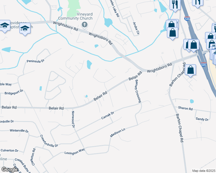 map of restaurants, bars, coffee shops, grocery stores, and more near 2708 Devereux Drive in Augusta