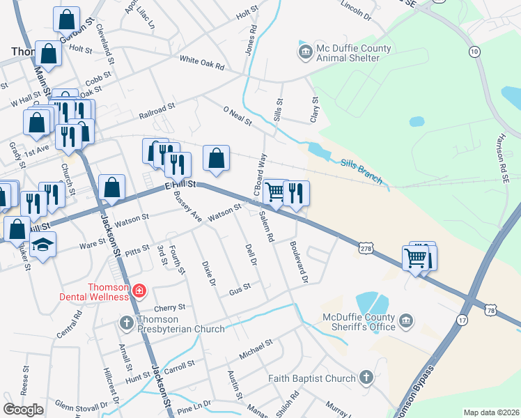 map of restaurants, bars, coffee shops, grocery stores, and more near 401 Salem Road in Thomson