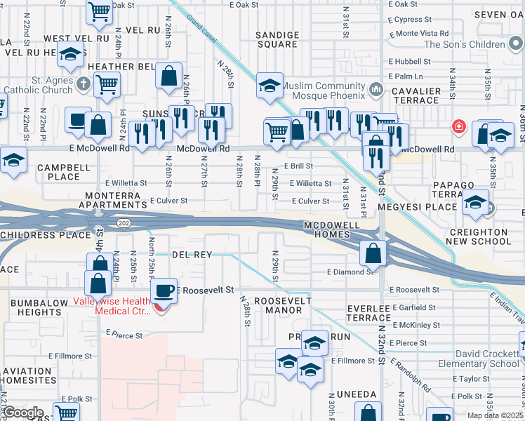 map of restaurants, bars, coffee shops, grocery stores, and more near 1211 North 28th Place in Phoenix