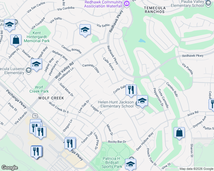map of restaurants, bars, coffee shops, grocery stores, and more near 32133 Callesito Fadrique in Temecula
