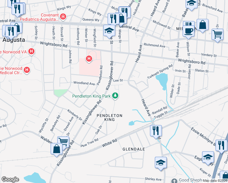map of restaurants, bars, coffee shops, grocery stores, and more near 1511 Myrtle Lane in Augusta