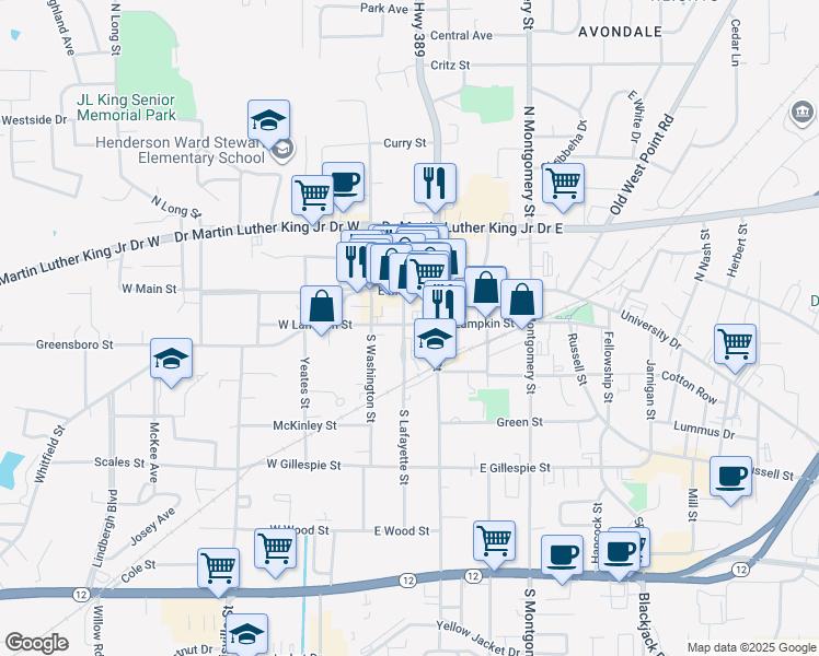 map of restaurants, bars, coffee shops, grocery stores, and more near 201 South Lafayette Street in Starkville