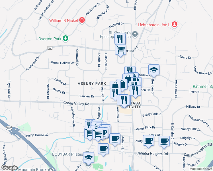 map of restaurants, bars, coffee shops, grocery stores, and more near 3712 Napoleon Court in Vestavia Hills