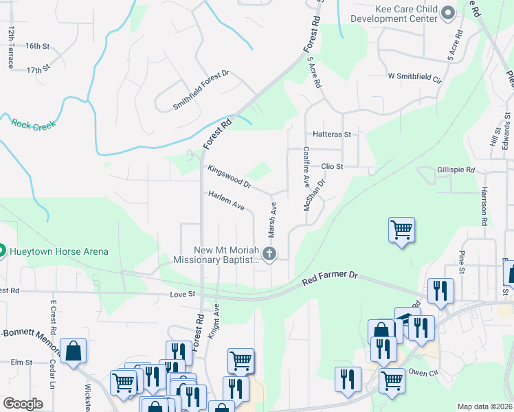 map of restaurants, bars, coffee shops, grocery stores, and more near 512 Harlem Avenue in Hueytown