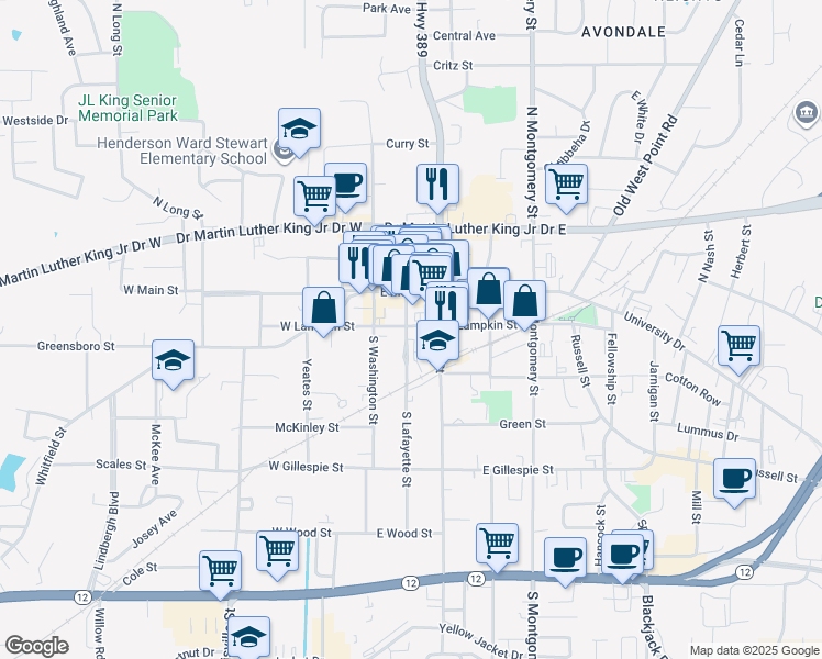 map of restaurants, bars, coffee shops, grocery stores, and more near 201-299 South Lafayette Street in Starkville