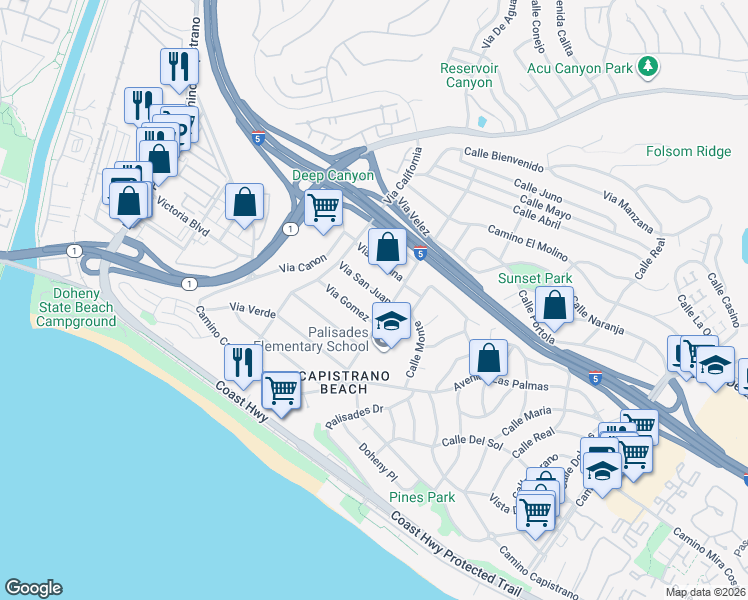 map of restaurants, bars, coffee shops, grocery stores, and more near 34411 Via San Juan in Dana Point