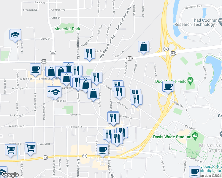 map of restaurants, bars, coffee shops, grocery stores, and more near 514 University Drive in Starkville