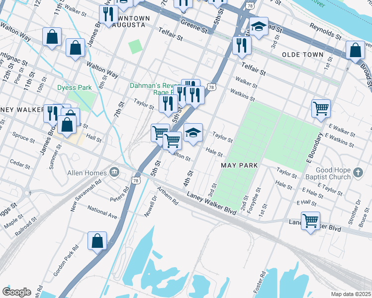 map of restaurants, bars, coffee shops, grocery stores, and more near 1001 4th Street in Augusta