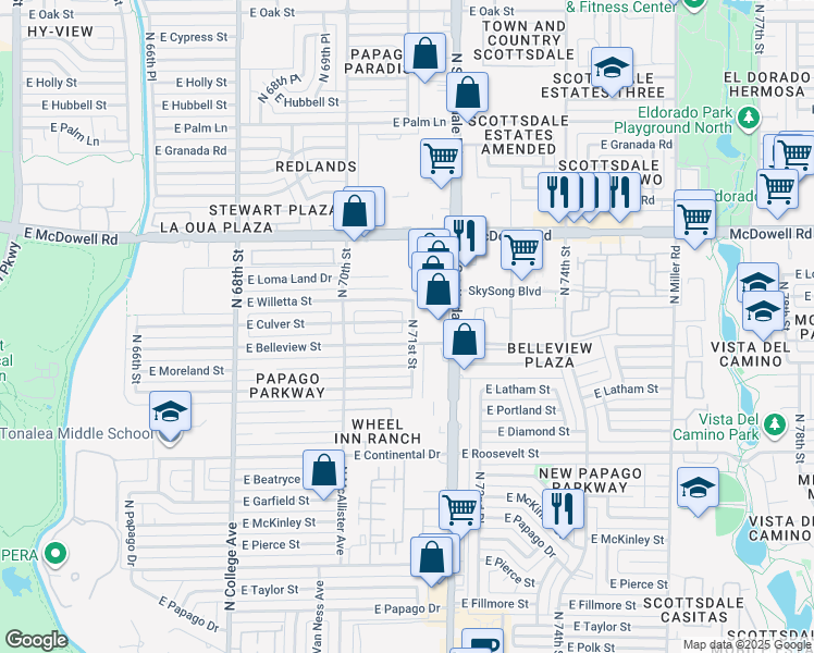 map of restaurants, bars, coffee shops, grocery stores, and more near 7049 East Belleview Street in Scottsdale