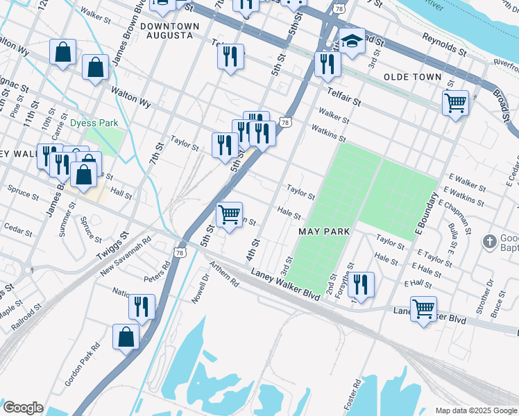 map of restaurants, bars, coffee shops, grocery stores, and more near 1001 4th Street in Augusta