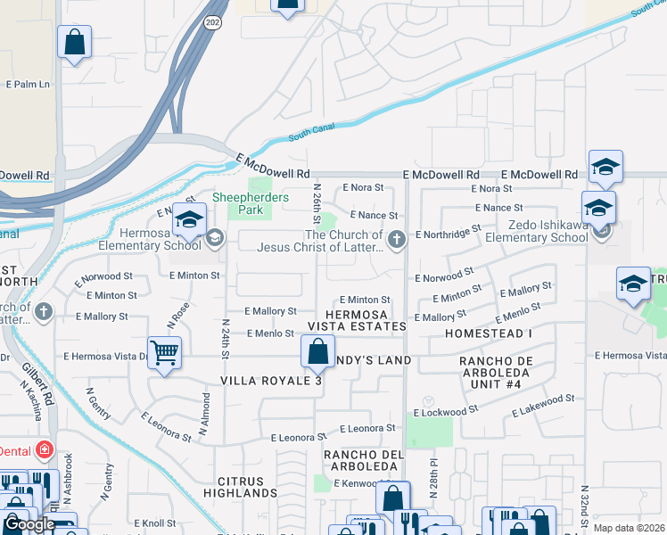 map of restaurants, bars, coffee shops, grocery stores, and more near 2560 North Lindsay Road in Mesa
