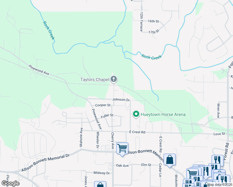 map of restaurants, bars, coffee shops, grocery stores, and more near 109 Johnson Drive in Hueytown