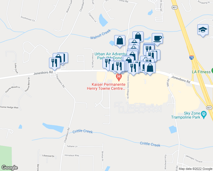 map of restaurants, bars, coffee shops, grocery stores, and more near 210 Grover Turner Way in McDonough