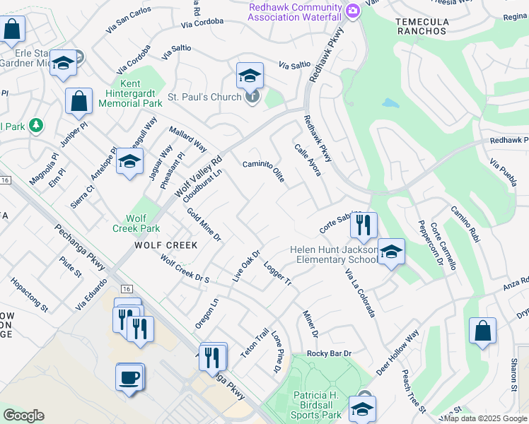 map of restaurants, bars, coffee shops, grocery stores, and more near 32137 Sycamore Court in Temecula