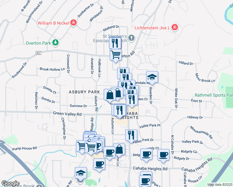 map of restaurants, bars, coffee shops, grocery stores, and more near 2800 Napoleon Court in Vestavia Hills