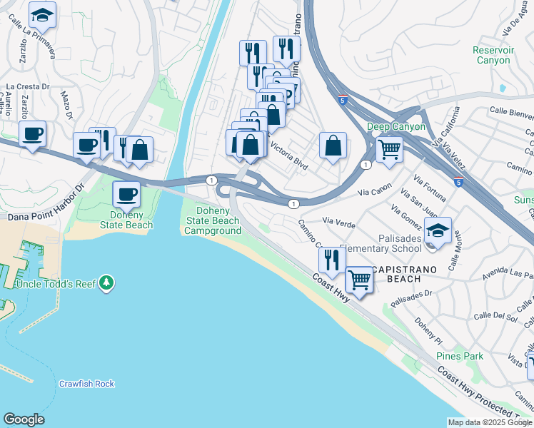 map of restaurants, bars, coffee shops, grocery stores, and more near 25946 View Point Drive West in Dana Point