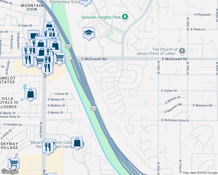 map of restaurants, bars, coffee shops, grocery stores, and more near 7209 East Manning Street in Mesa