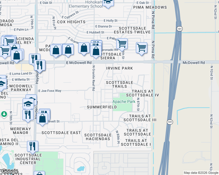 map of restaurants, bars, coffee shops, grocery stores, and more near 1272 North 85th Place in Scottsdale