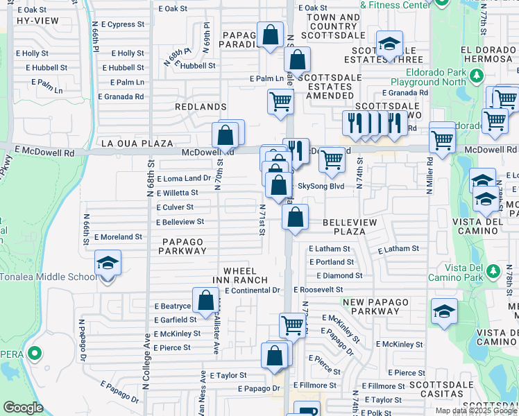 map of restaurants, bars, coffee shops, grocery stores, and more near 7049 East Belleview Street in Scottsdale