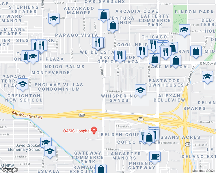 map of restaurants, bars, coffee shops, grocery stores, and more near 1131 North 40th Street in Phoenix