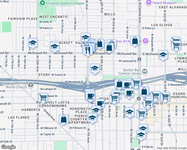 map of restaurants, bars, coffee shops, grocery stores, and more near 1210 North 5th Avenue in Phoenix