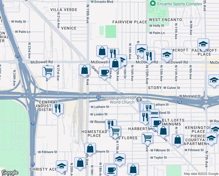 map of restaurants, bars, coffee shops, grocery stores, and more near 1720 West Spruce Street in Phoenix